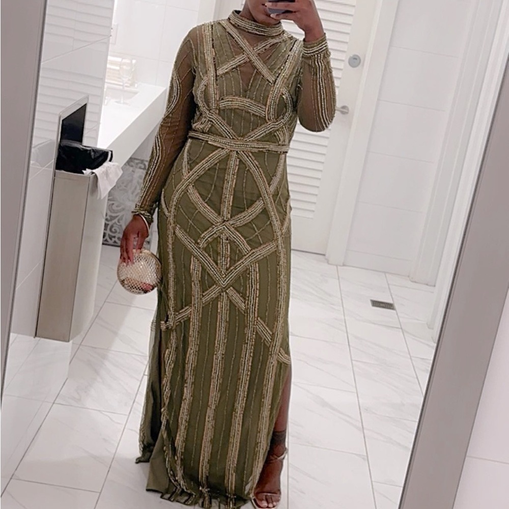 ASOS DESIGN Tall ergonomic embellished maxi dress in khaki